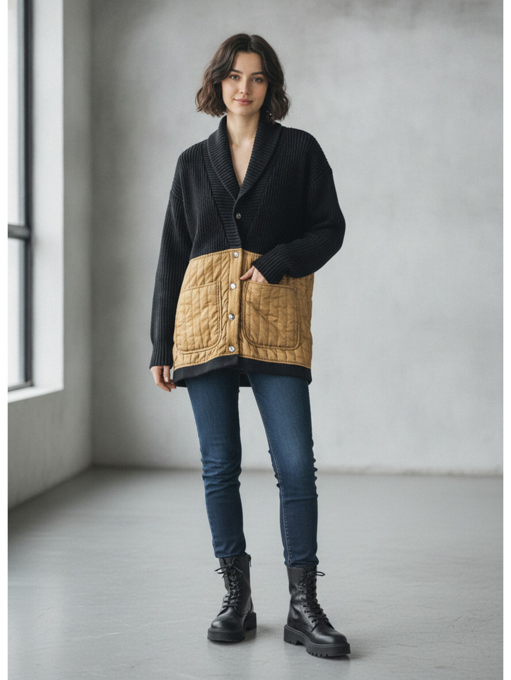Central Park West Black and Tan Quilted Pocket Cardigan Swea